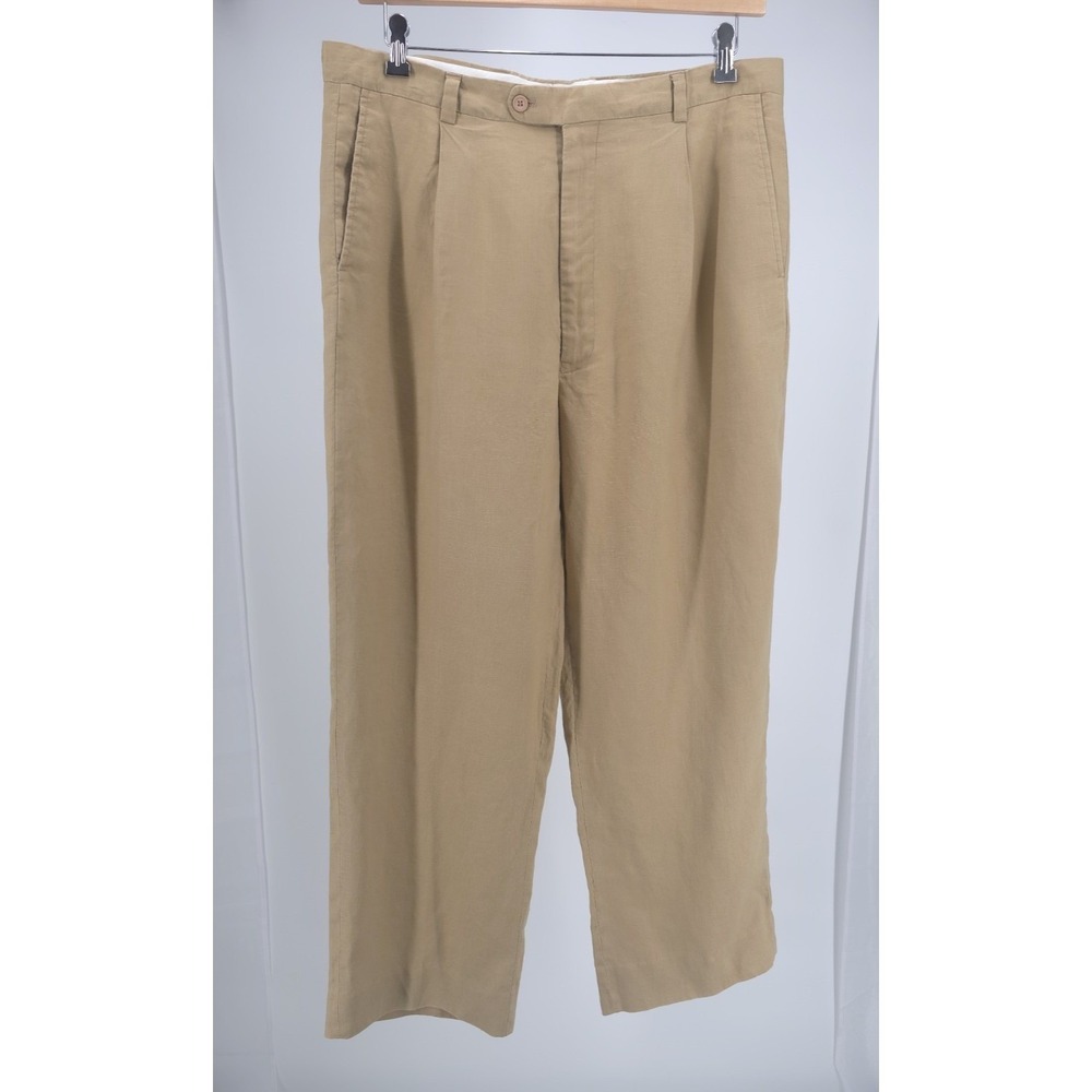 Inserch Mens 38 Tan 100% Linen Pleated Wide Leg Trousers Coastal Old Money Khaki